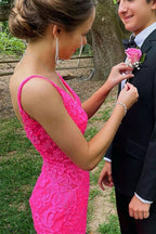 Trumpet Hot Pink V-Neck Lace Backless Sleeveless Long Classy Prom Dress