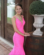 Trumpet Hot Pink V-Neck Lace Backless Sleeveless Long Classy Prom Dress