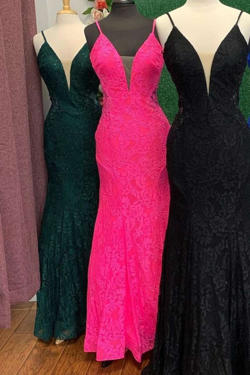 Trumpet Hot Pink V-Neck Lace Backless Sleeveless Long Classy Prom Dress