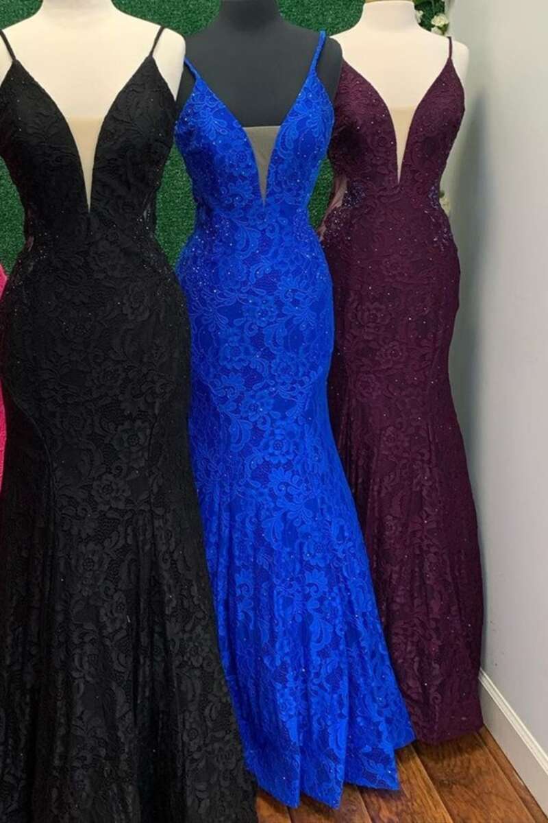 Trumpet Hot Pink V-Neck Lace Backless Sleeveless Long Classy Prom Dress
