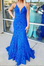 Trumpet Hot Pink V-Neck Lace Backless Sleeveless Long Classy Prom Dress