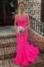 Trumpet Hot Pink V-Neck Lace Backless Sleeveless Long Classy Prom Dress