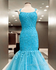 Mermaid Ice Blue Evening Prom Dress Lace Embroidery