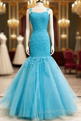 Mermaid Ice Blue Evening Prom Dress Lace Embroidery