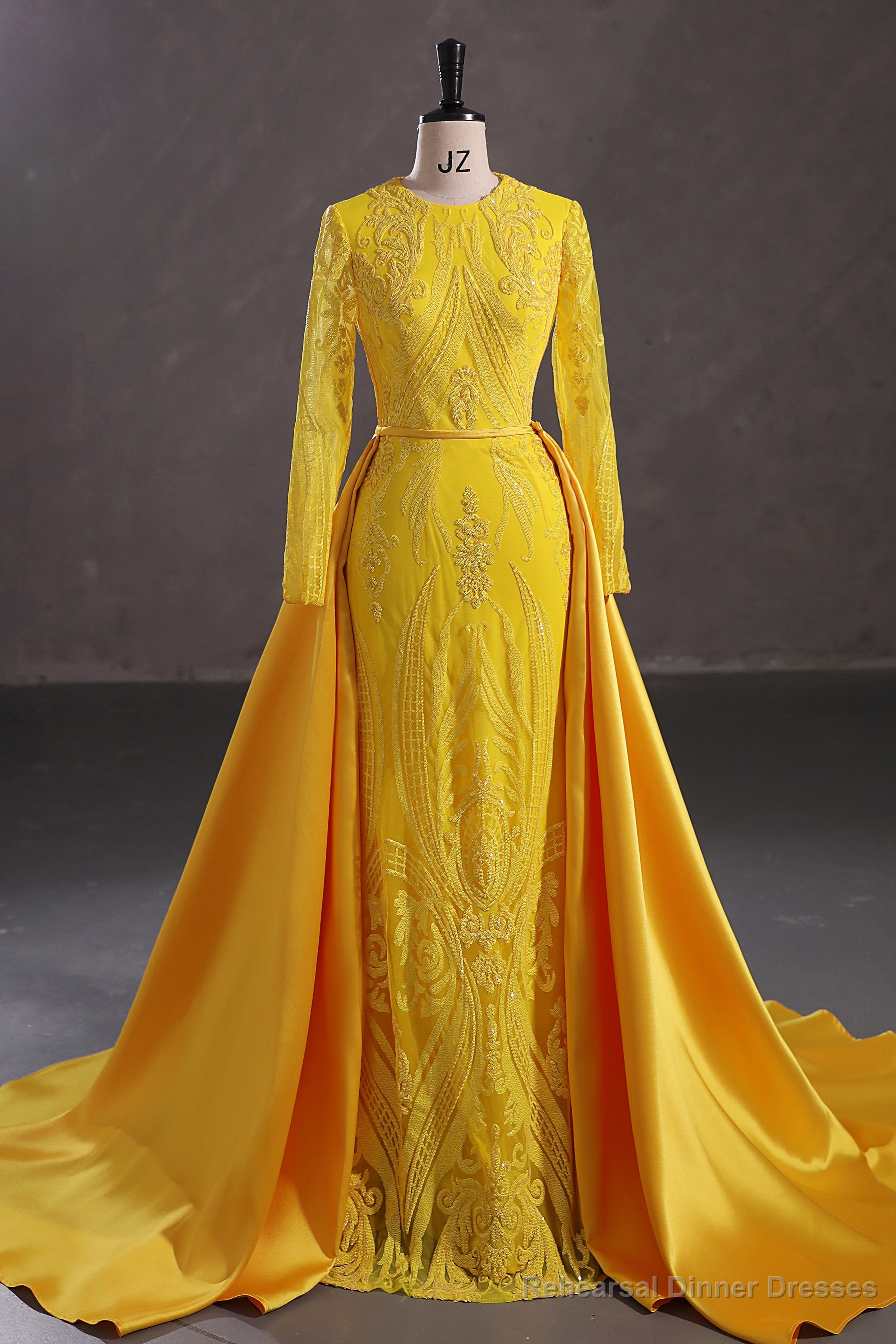 Mermaid Jewel Lace Sequined Floor-length Long Sleeve Detachable Train Elegant Prom Dress Main image