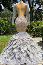 Mermaid Jewel Lace Sequined Open Back Floor-length Long Sleeve Lace Beading Evening Prom Dress With Feather