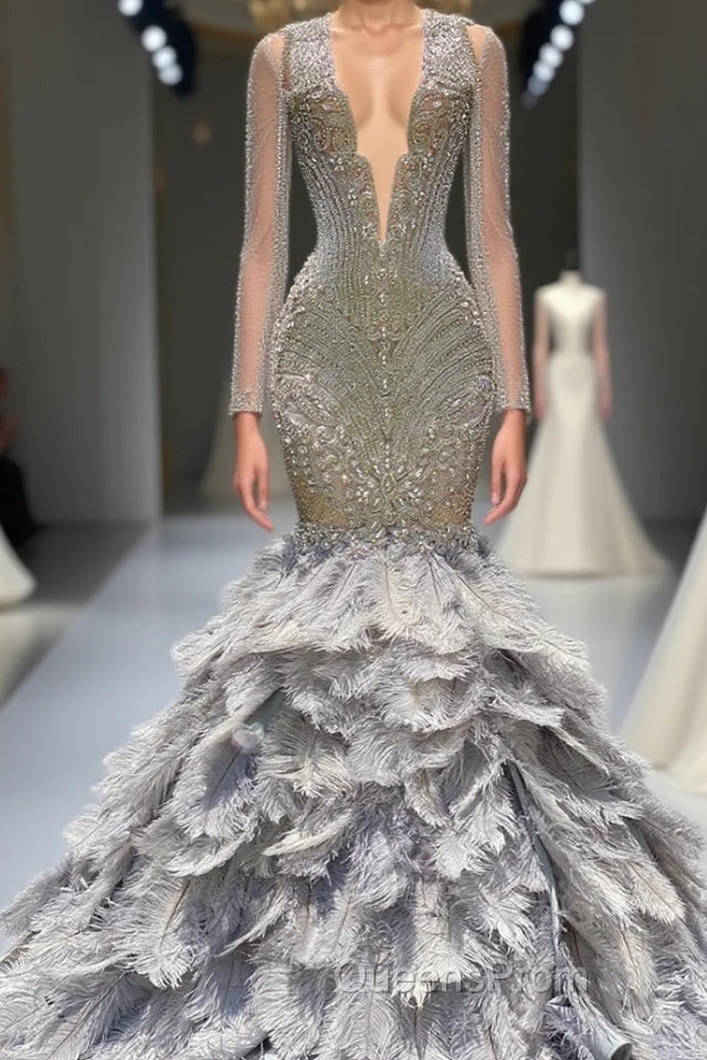 Mermaid Jewel Lace Sequined Open Back Floor-length Long Sleeve Lace Beading Evening Prom Dress With Feather Main image