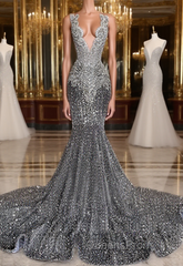 Mermaid Jewel Sequined Floor-length Sleeveless Appliques Lace Evening Prom Dress