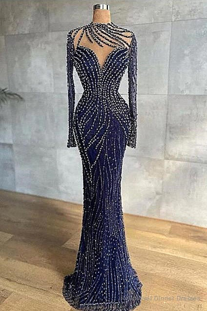Mermaid Jewel With Side Train Floor-length Long Sleeve Beading Sequined Lace With Side Train Prom Dress Main image