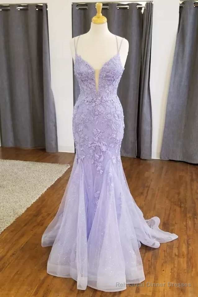 Mermaid Lavender Floral Lace Straps Long Prom Dress Outfits Main image