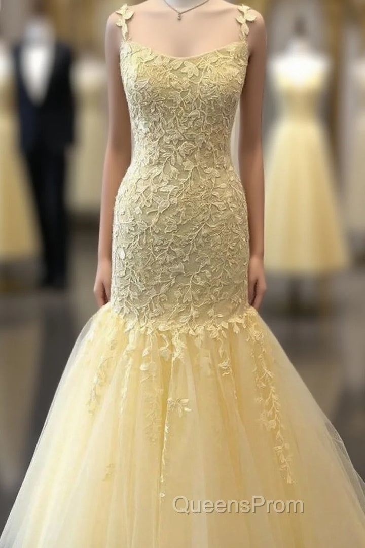 Mermaid Long Evening Prom Dress, Yellow Lace Evening Prom Dress, Modest Evening Party Dress