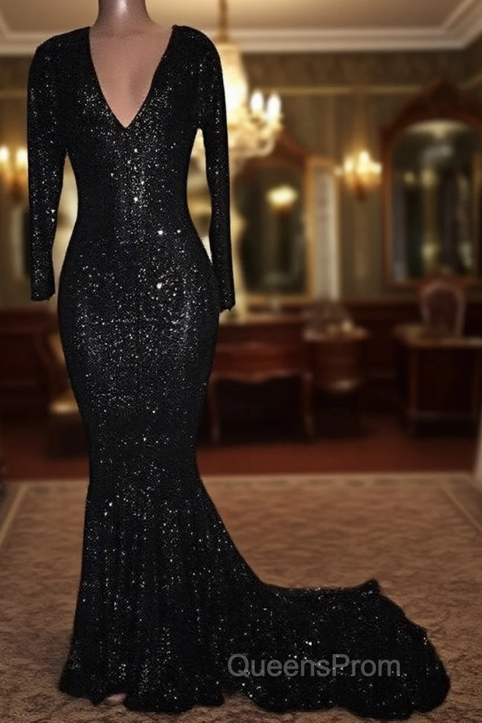 Mermaid Long-Sleeves Black Sequined Evening Prom Dress Main image