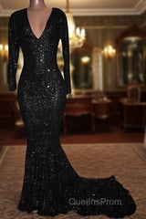 Mermaid Long-Sleeves Black Sequined Evening Prom Dress