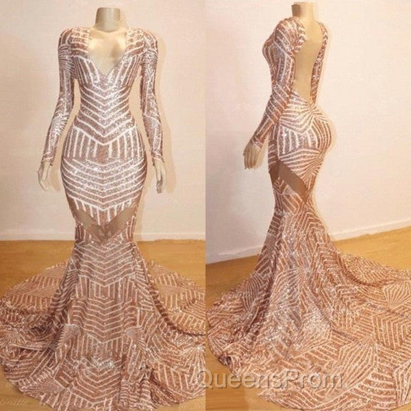 Mermaid Long Sleevess V-Neck Sequined Sweep Train Evening Prom Dress Secondary image