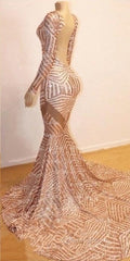 Mermaid Long Sleevess V-Neck Sequined Sweep Train Evening Prom Dress