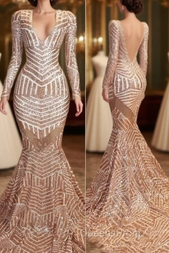 Mermaid Long Sleevess V-Neck Sequined Sweep Train Evening Prom Dress Main image