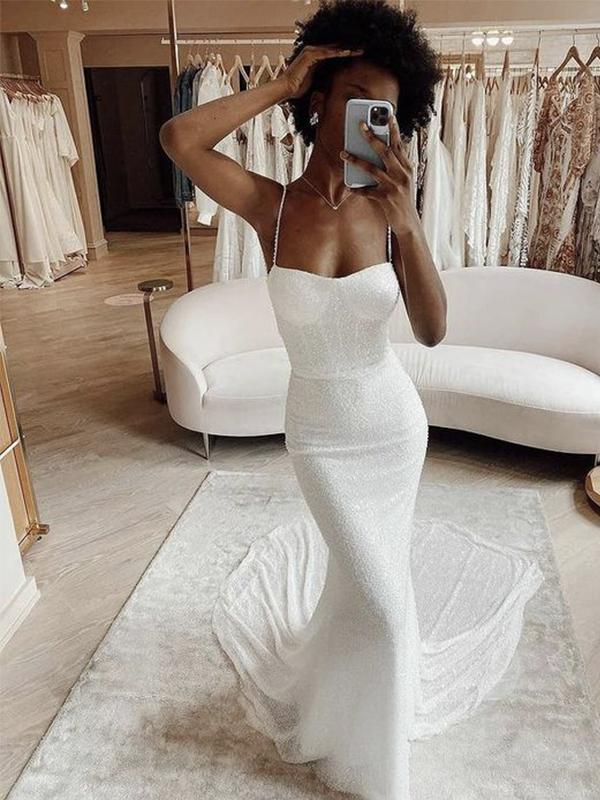 Mermaid Modest Spaghetti Straps Sparkly Long Beach Classy Prom Dress Main image
