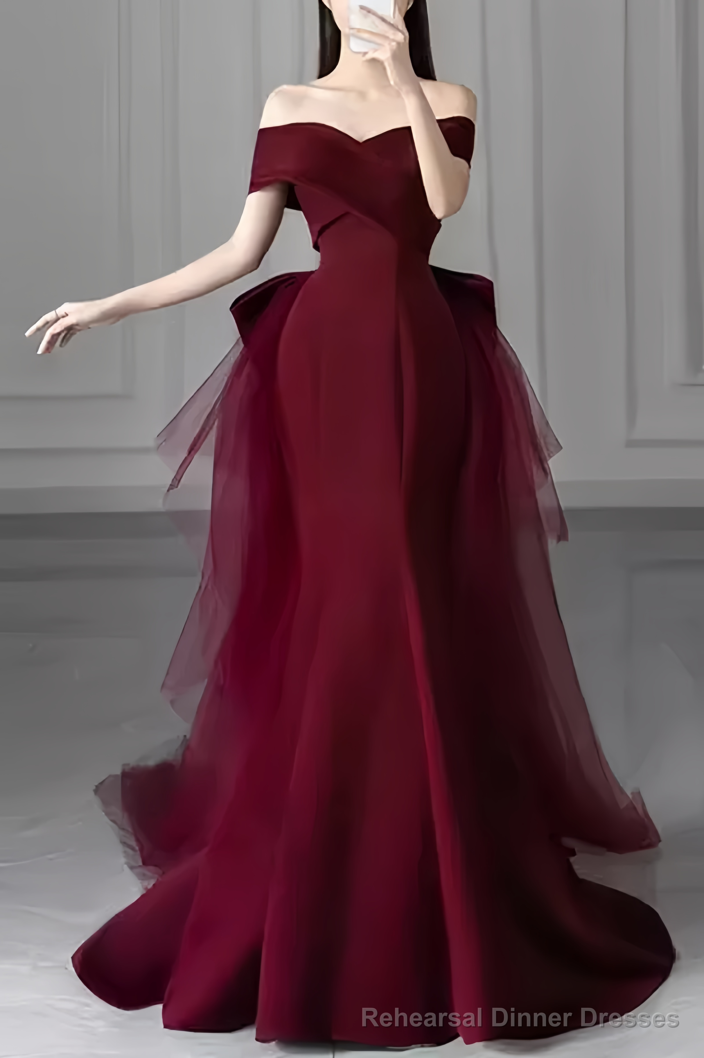 Mermaid Off Shoulder Evening Dress with Bow Burgundy Prom Dress Main image