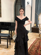 Mermaid Off Shoulder Floor Length Satin Black Classy Prom Dress