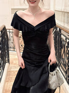 Mermaid Off Shoulder Floor Length Satin Black Classy Prom Dress