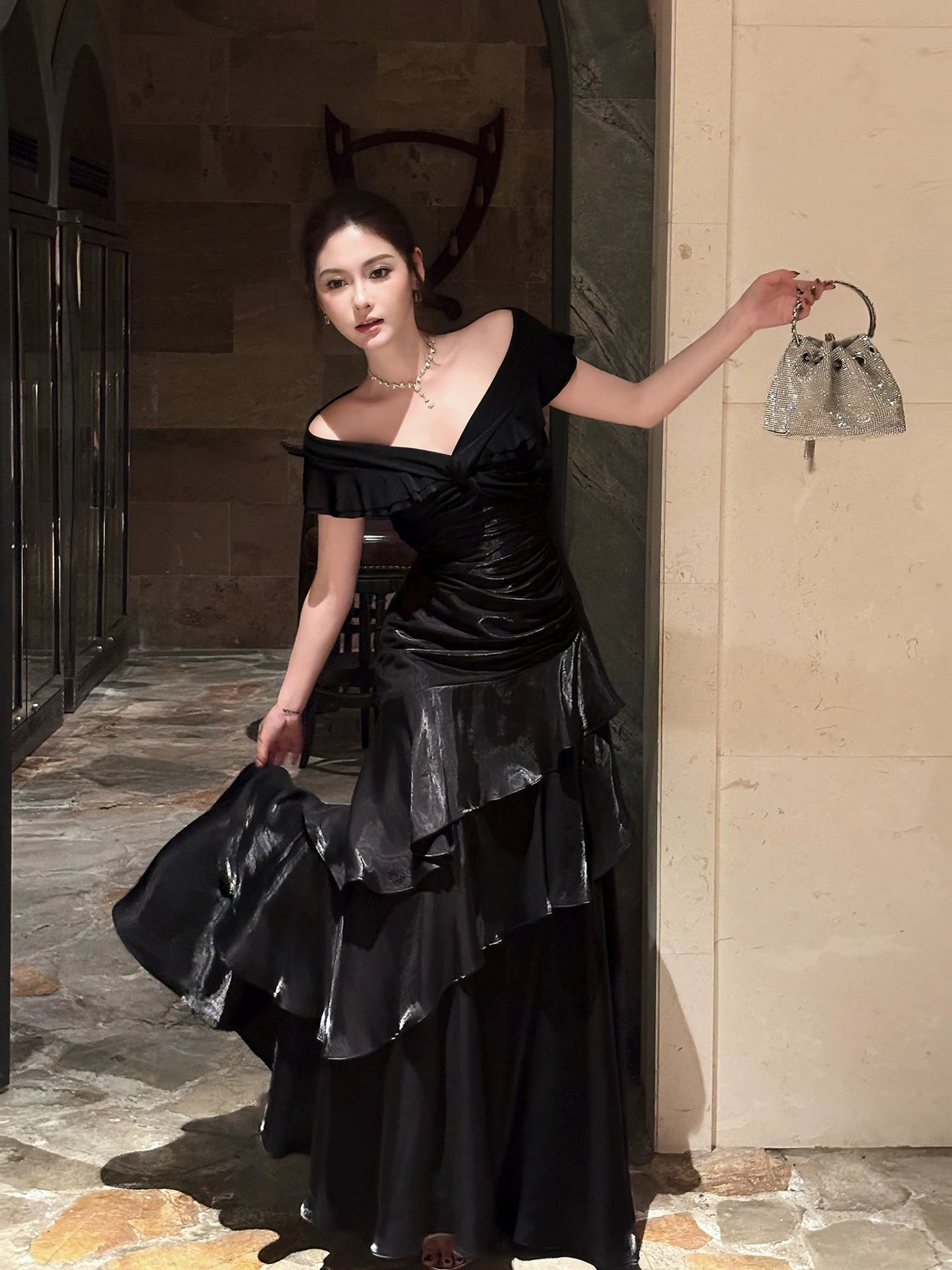 Mermaid Off Shoulder Floor Length Satin Black Classy Prom Dress