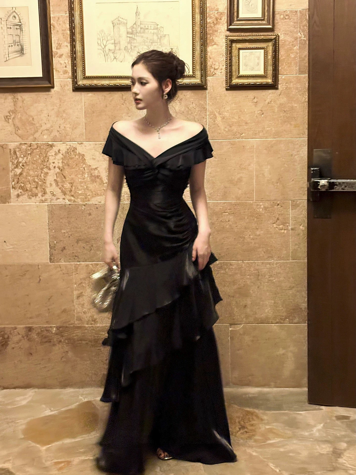 Mermaid Off Shoulder Floor Length Satin Black Classy Prom Dress Main image