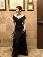 Mermaid Off Shoulder Floor Length Satin Black Classy Prom Dress