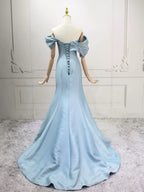 Mermaid Off Shoulder Satin Blue Long Classy Prom Dress, Blue Long Prom Dress