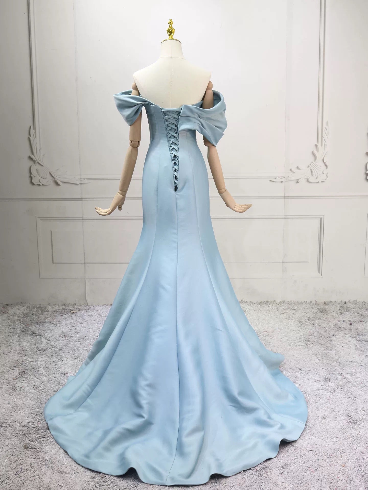 Mermaid Off Shoulder Satin Blue Long Classy Prom Dress, Blue Long Prom Dress