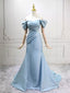 Mermaid Off Shoulder Satin Blue Long Classy Prom Dress, Blue Long Prom Dress