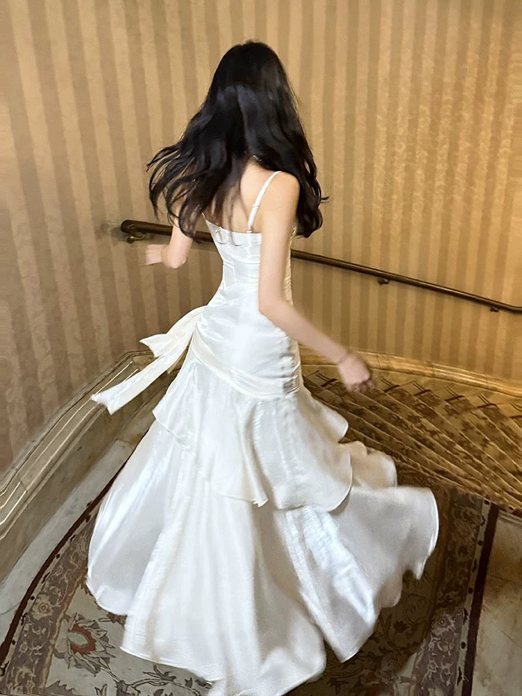Mermaid Off Shoulder Tea Length Satin White Prom Dress Secondary image