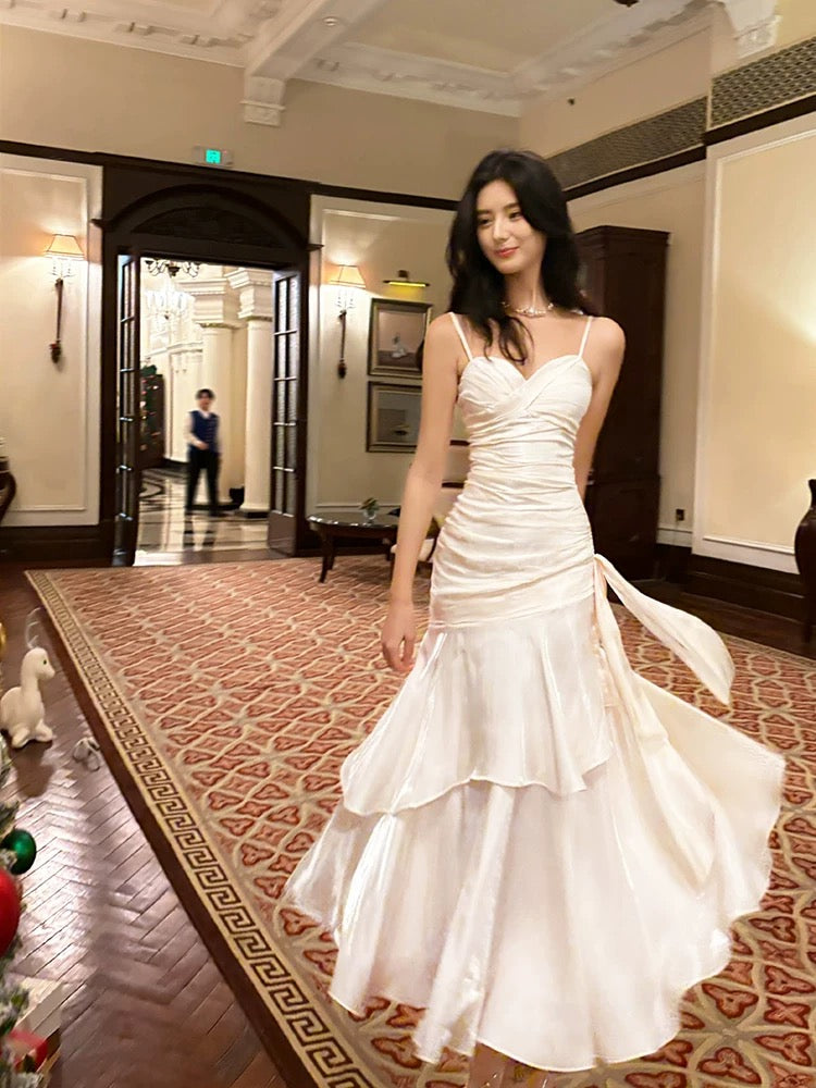 Mermaid Off Shoulder Tea Length Satin White Prom Dress