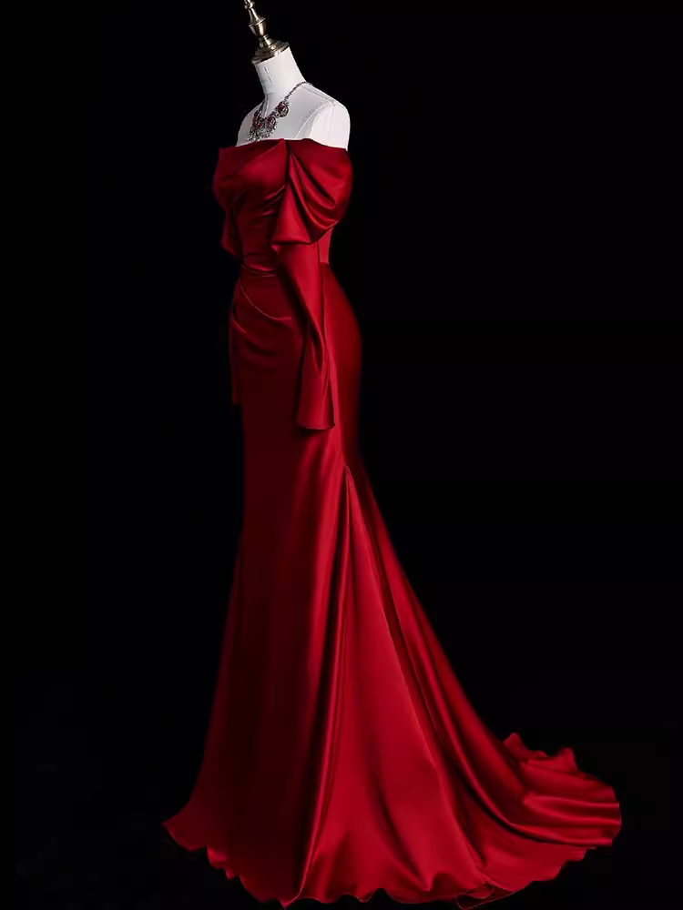 Mermaid Off The Shoulder Burgundy Long Satin Classy Prom Dress
