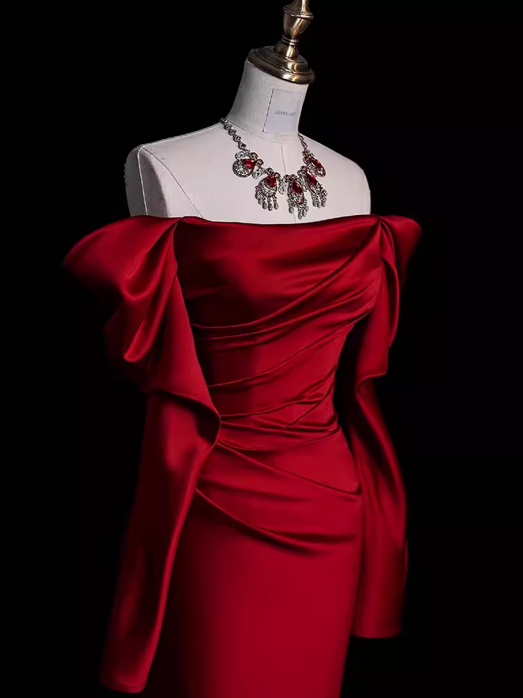Mermaid Off The Shoulder Burgundy Long Satin Classy Prom Dress