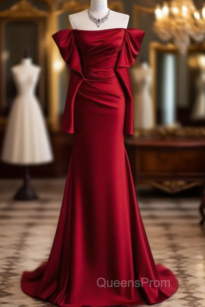 Mermaid Off The Shoulder Burgundy Long Satin Evening Prom Dress Main image