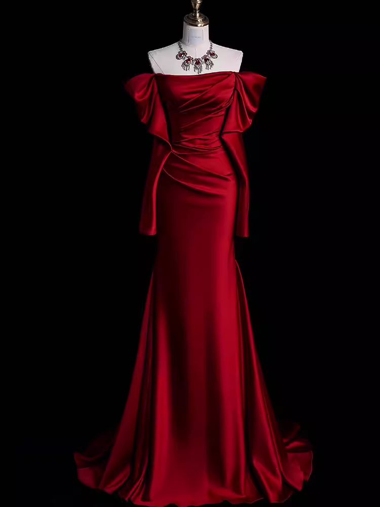 Mermaid Off The Shoulder Burgundy Long Satin Classy Prom Dress Main image