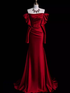Mermaid Off The Shoulder Burgundy Long Satin Classy Prom Dress