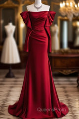 Mermaid Off The Shoulder Burgundy Long Satin Evening Prom Dress