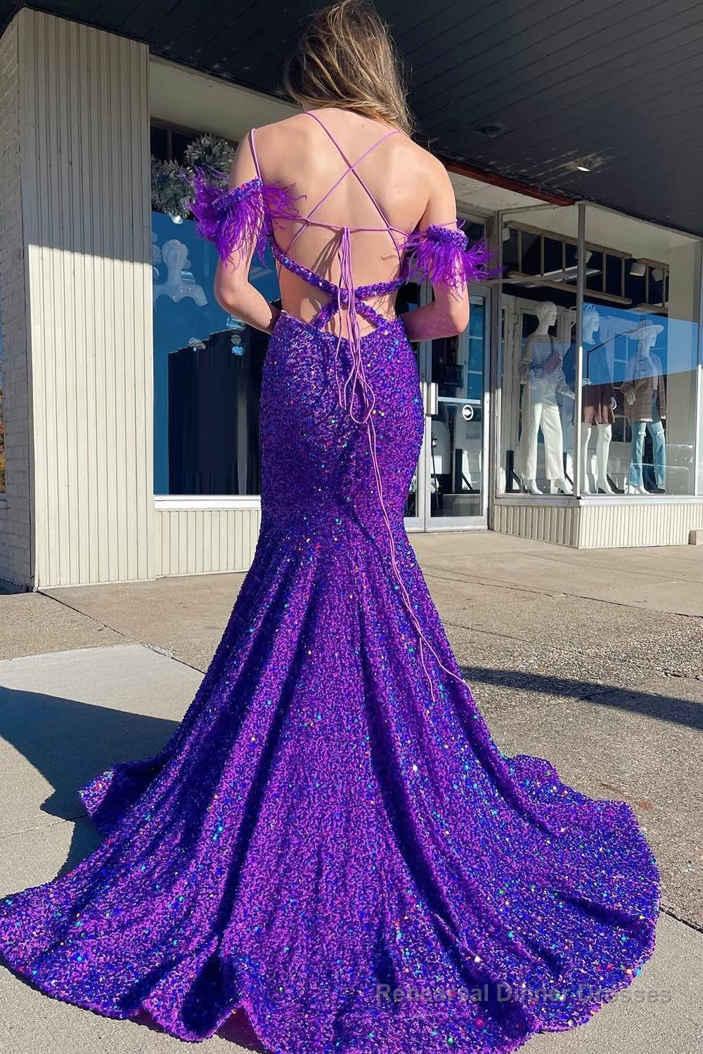 Mermaid Off the Shoulder Purple Sequins Cut Out Prom Dress with Feathers Secondary image