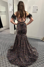 Mermaid Off the Shoulder Purple Sequins Cut Out Prom Dress with Feathers