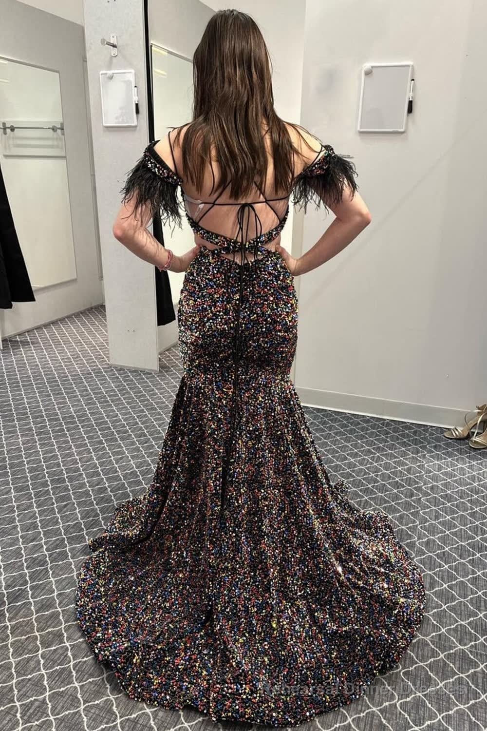 Mermaid Off the Shoulder Purple Sequins Cut Out Prom Dress with Feathers