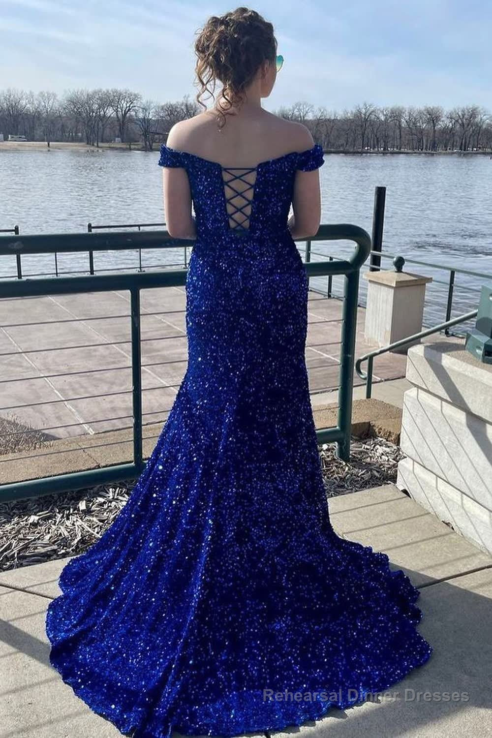 Mermaid Off the Shoulder Royal Blue Sequins Long Prom Dress with Sweep Train Secondary image