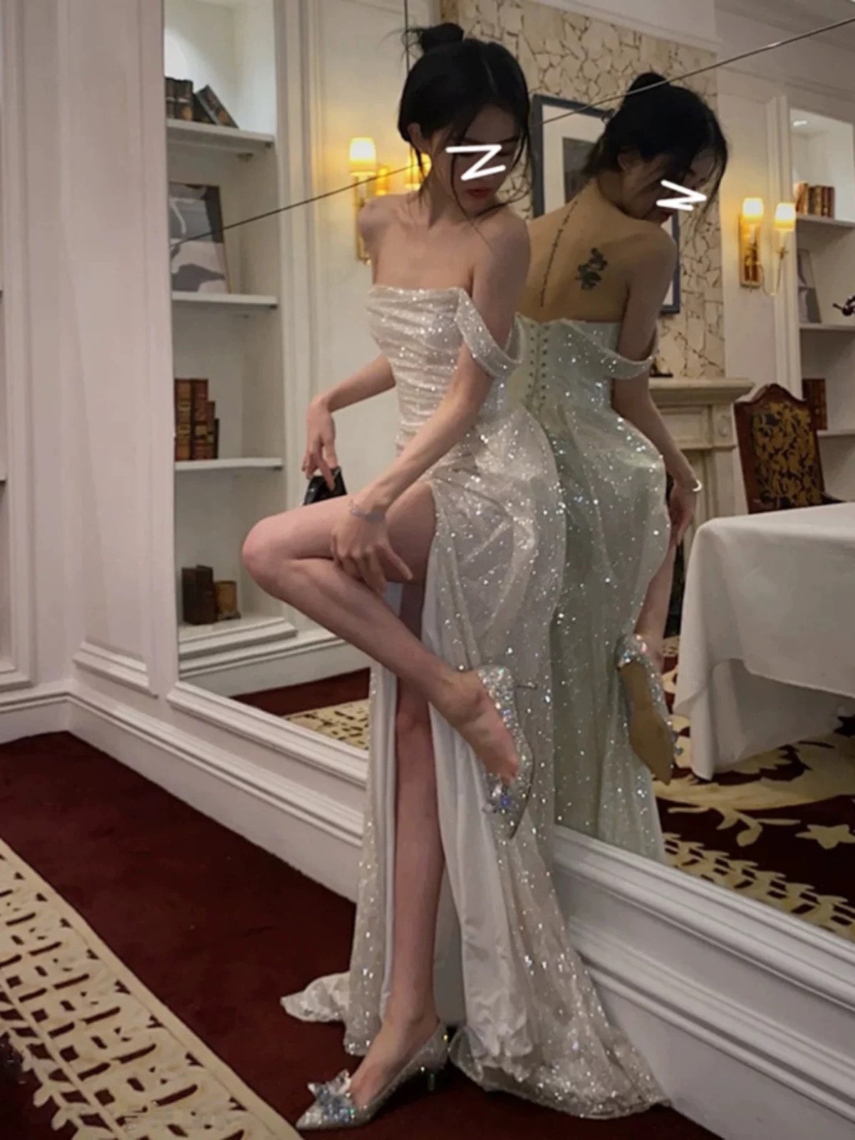 Mermaid Off The Shoulder Sequin Floor Length Classy Prom Dress With Slit 21St Birthday Outfit Secondary image
