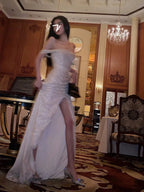 Mermaid Off The Shoulder Sequin Floor Length Classy Prom Dress With Slit 21St Birthday Outfit