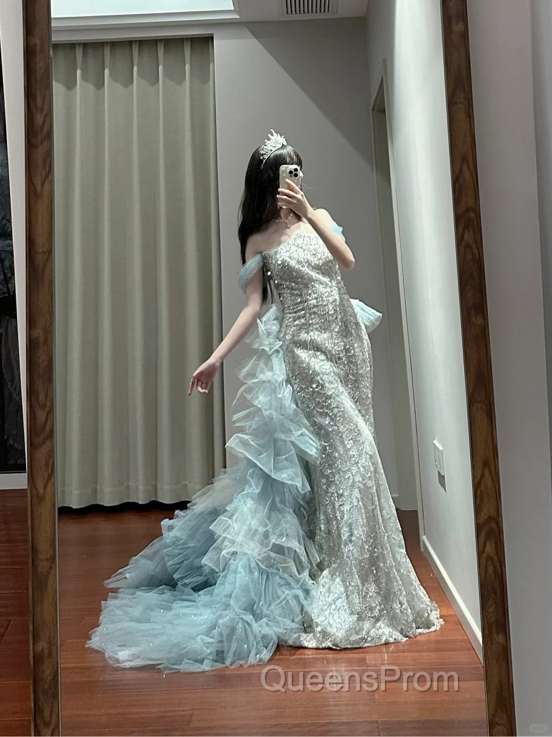 Mermaid Off-The-Shoulder Tulle Sequin Long Ball Gown, Elegant Rhinestone Evening Gown