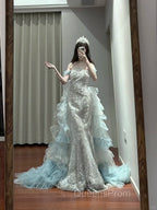 Mermaid Off-The-Shoulder Tulle Sequin Long Ball Gown, Elegant Rhinestone Evening Gown