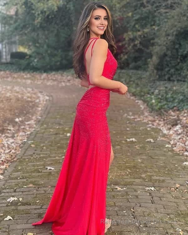 Mermaid One Shoulder Beaded Jersey Prom Dress with Slit