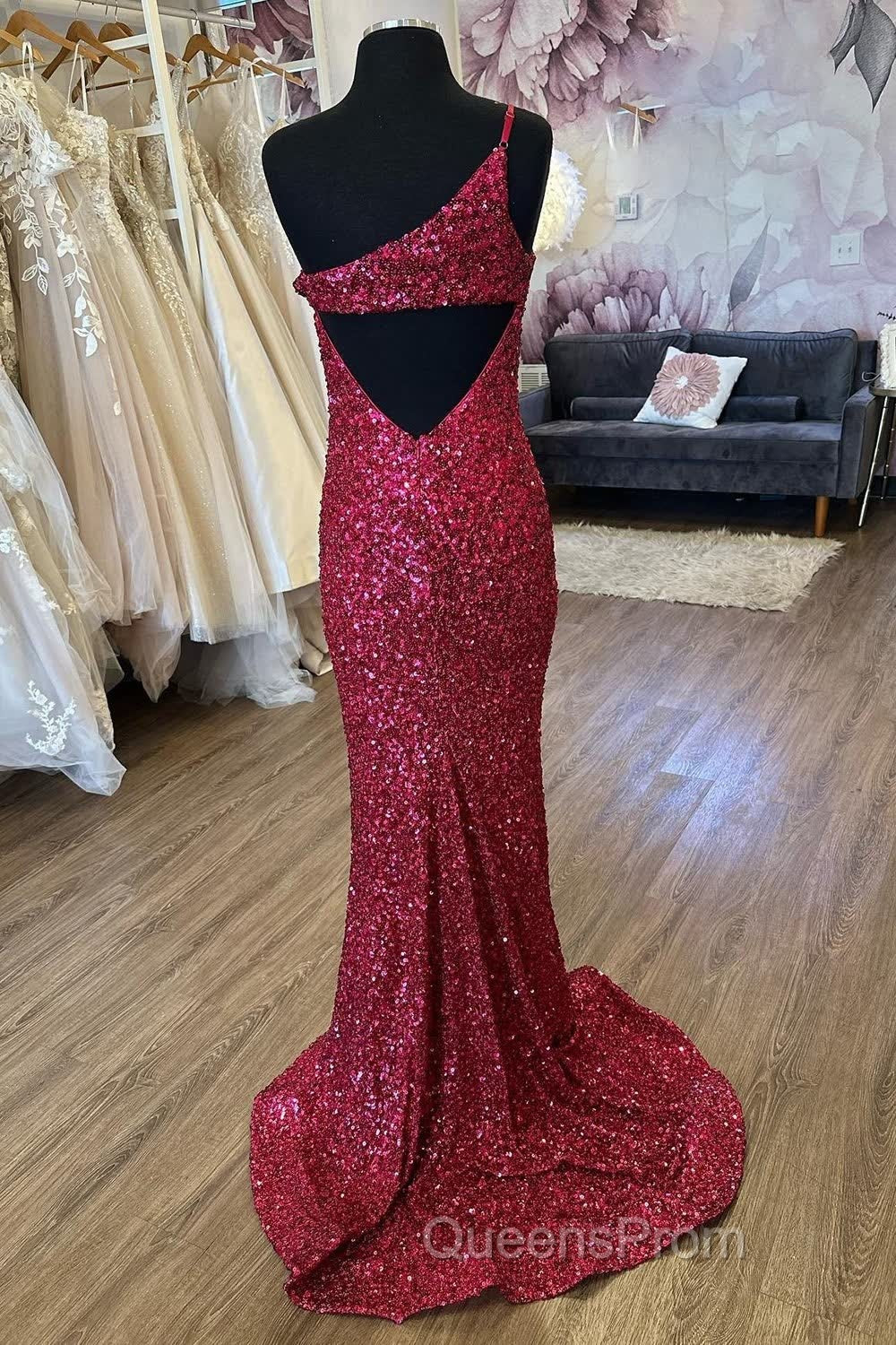 Mermaid One Shoulder Burgundy Sequins Long Evening Prom Dress with Split Front Secondary image