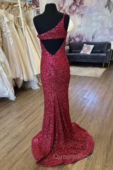 Mermaid One Shoulder Burgundy Sequins Long Evening Prom Dress with Split Front
