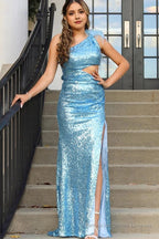Mermaid One Shoulder Cut Out Black Sequins Long Prom Dress